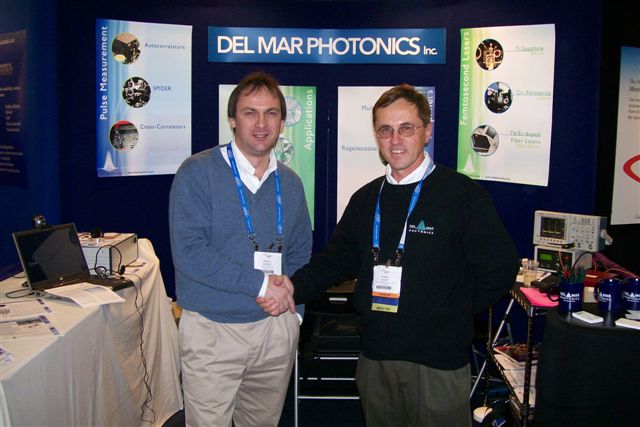 President and CEO of Tekhnoscan Sergey Kobtsev and President and CEO of Del Mar Photonics Sergey Egorov shaking hands after reaching partnership agreement during Photonics West 2007 in San Jose, California